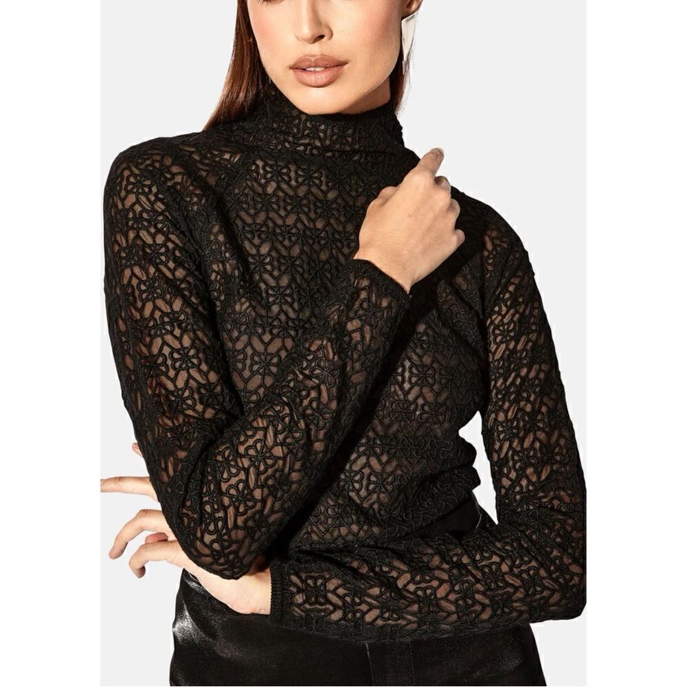 RtA Embroidered Mesh Mock Neck Long Sleeve Black Blouse Top Sz 10 NWT